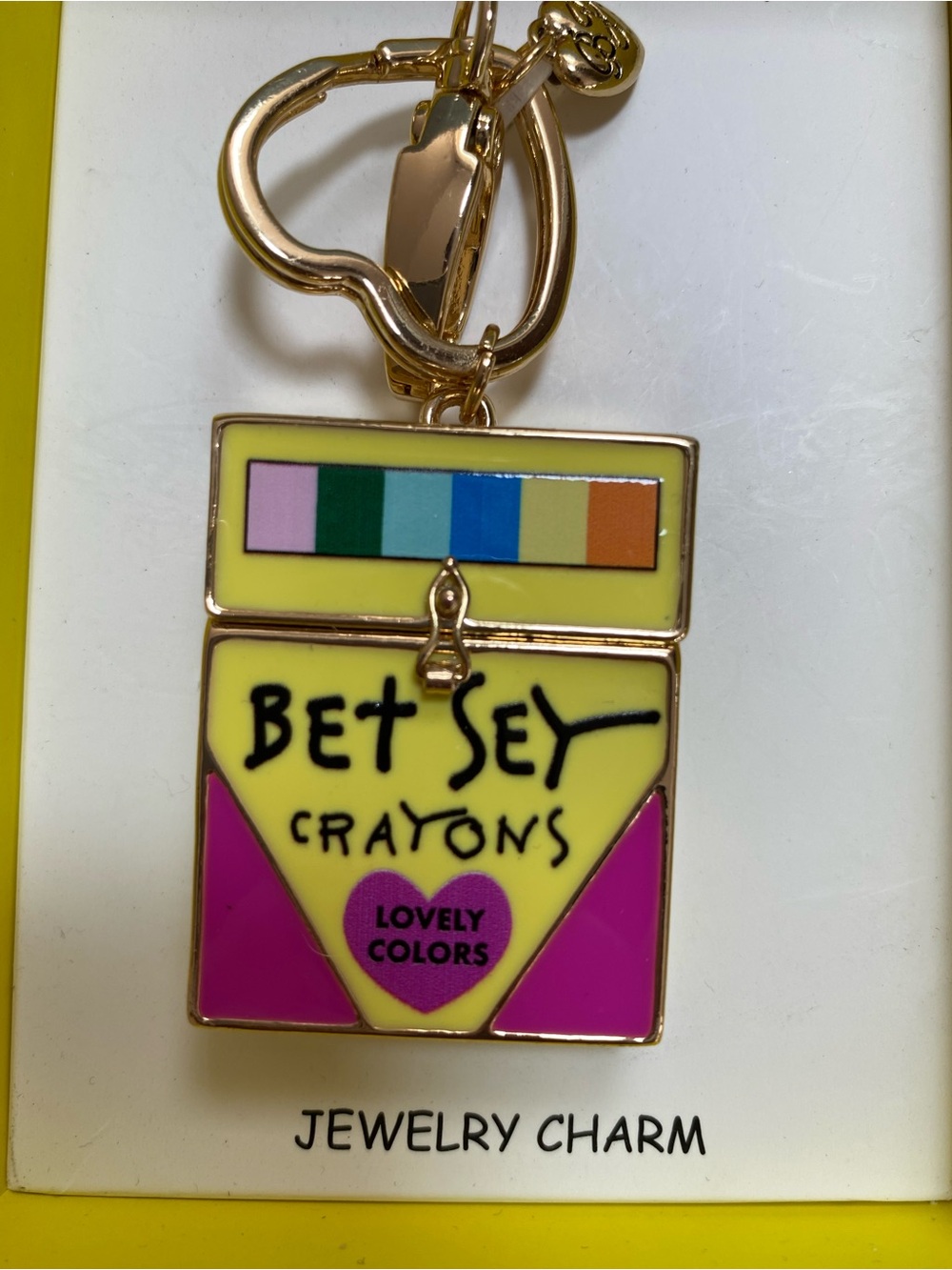 Betsey Johnson Crayon Box Keychain Charm NIB Opens, pink and yellow,gold - Picture 3 of 13